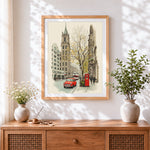 Finished classic london street scene cross stitch artwork displayed