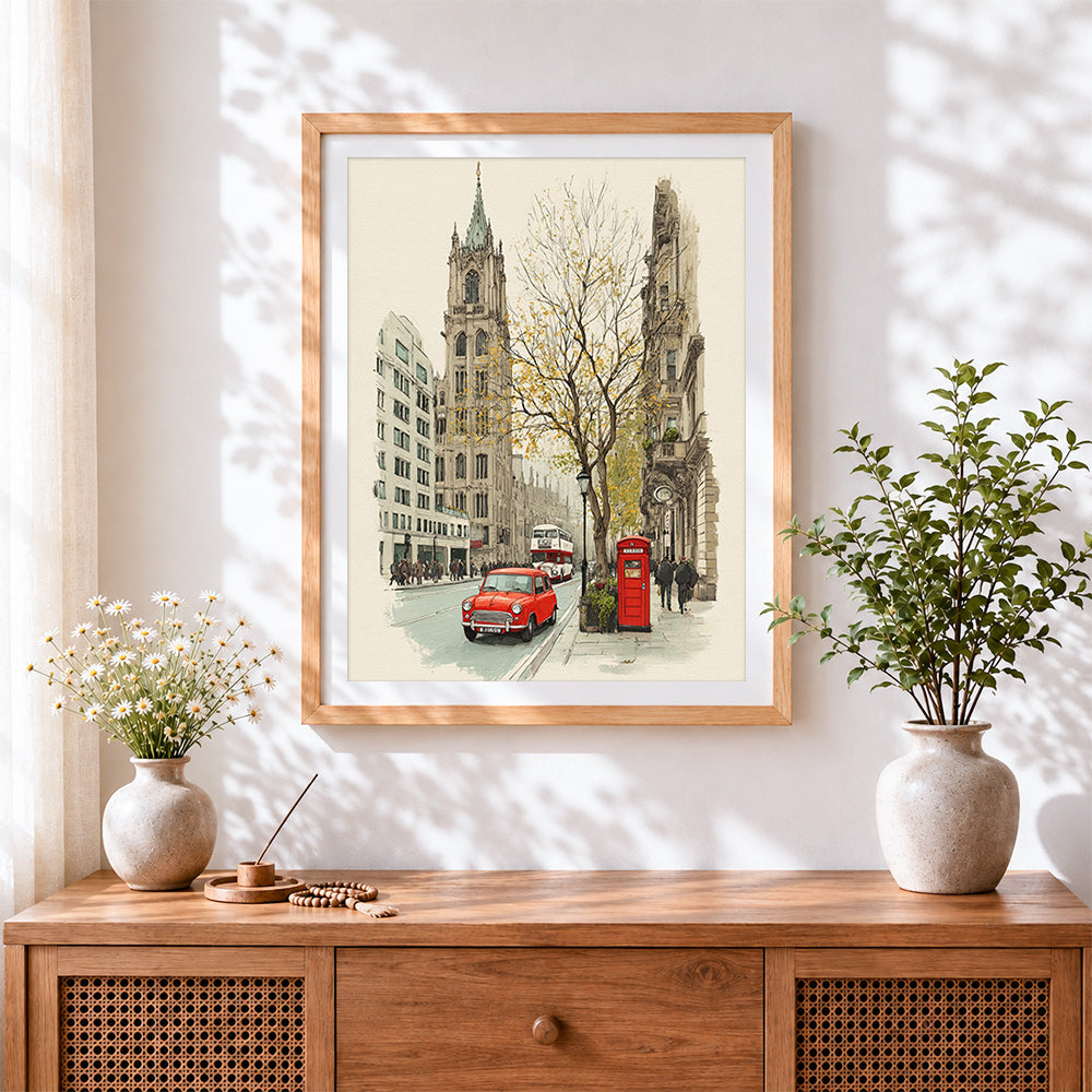 Finished classic london street scene cross stitch artwork displayed