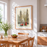 Classic london street scene cross stitch artwork displayed on wall as home decor