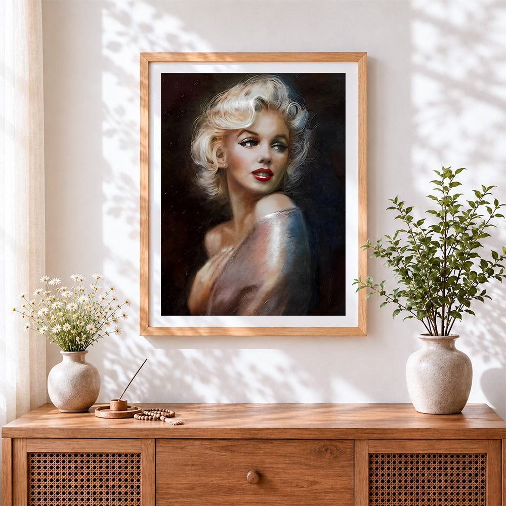 Finished classic marilyn monroe portrait cross stitch artwork displayed
