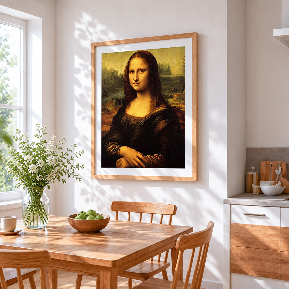 Classic mona lisa cross stitch artwork displayed on wall as home decor