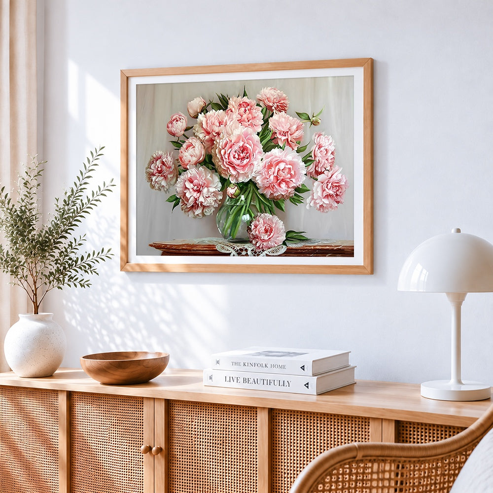 Classic pink peonies in a vase paint by numbers artwork displayed on wall as home decor