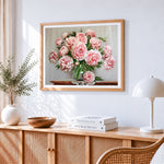 Classic pink peonies in a vase paint by numbers artwork displayed on wall as home decor