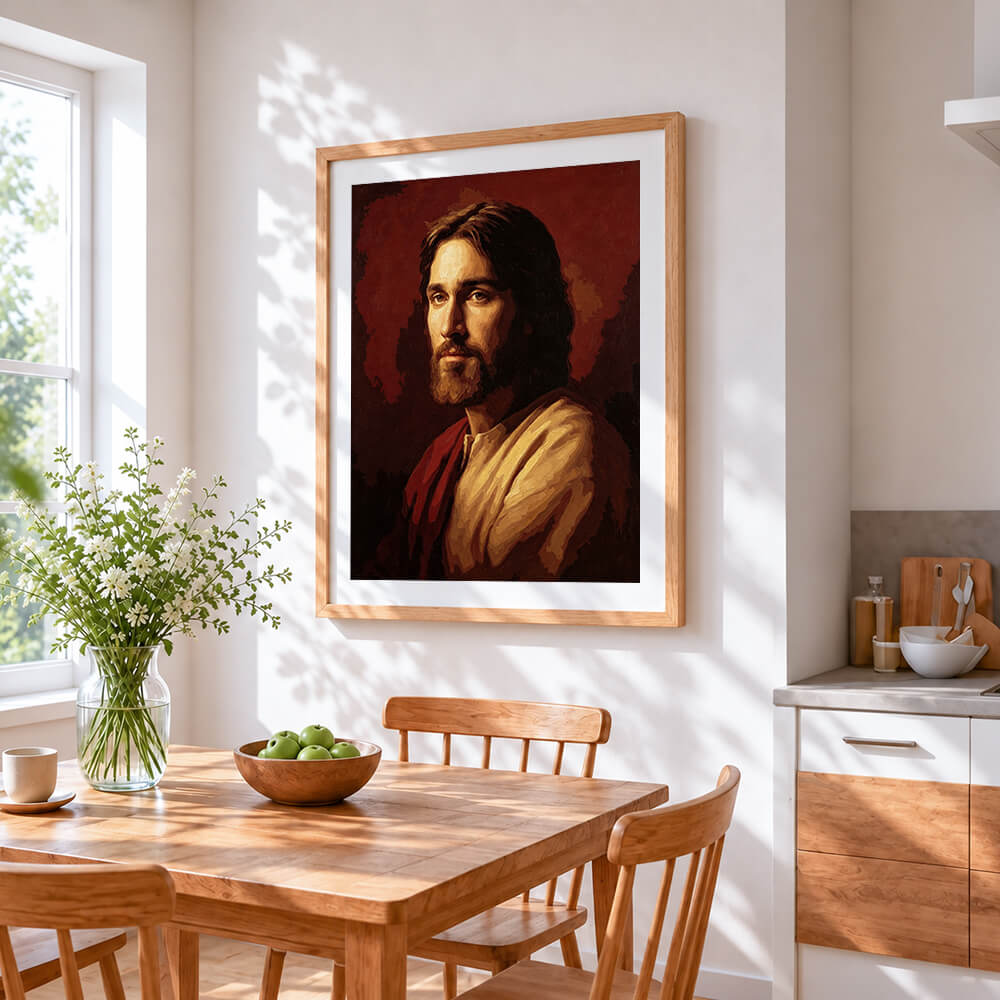 Classic portrait of jesus christ cross stitch artwork displayed on wall as home decor