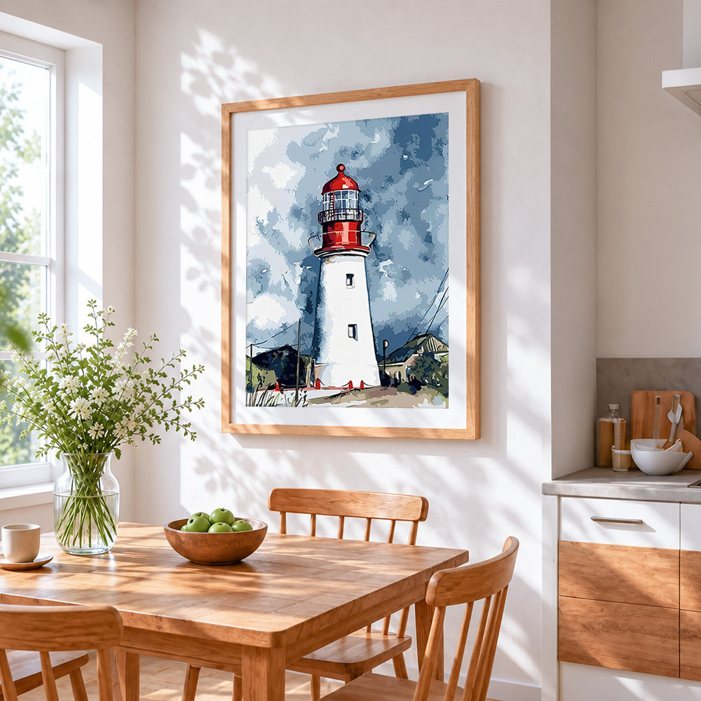 Classic red and white lighthouse cross stitch artwork displayed on wall as home decor