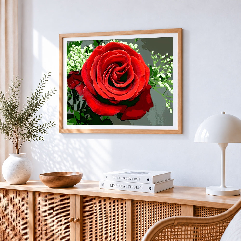 Classic red rose and gypsophila paint by numbers artwork displayed on wall as home decor