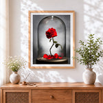 Finished classic red rose in glass dome cross stitch artwork displayed
