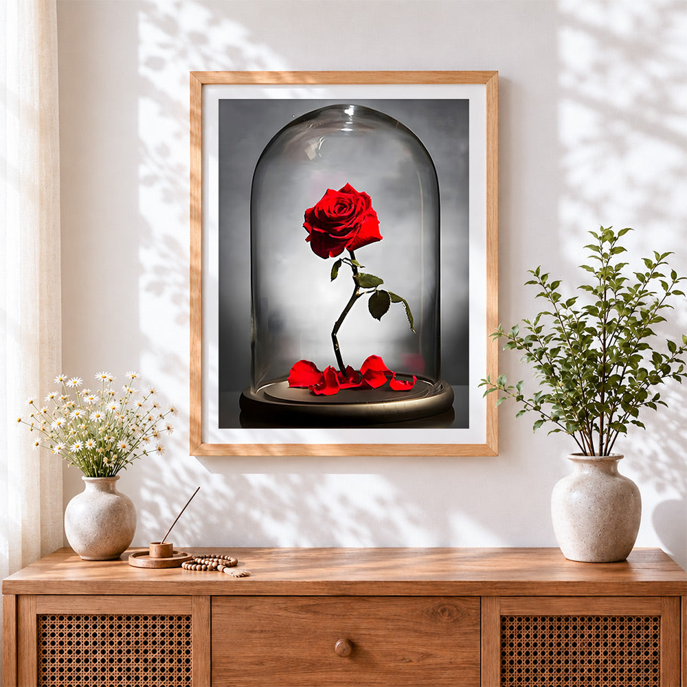 Finished classic red rose in glass dome cross stitch artwork displayed