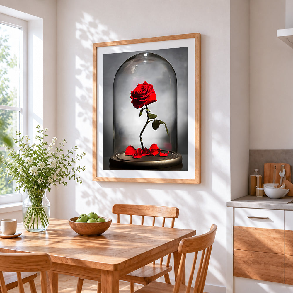 Classic red rose in glass dome cross stitch artwork displayed on wall as home decor