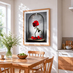 Classic red rose in glass dome cross stitch artwork displayed on wall as home decor