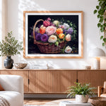 Finished classic rose basket paint by numbers artwork displayed as home decor