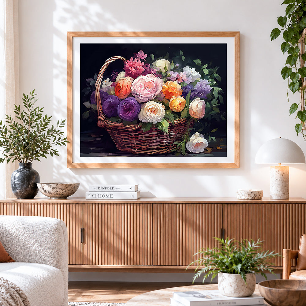 Finished classic rose basket paint by numbers artwork displayed as home decor