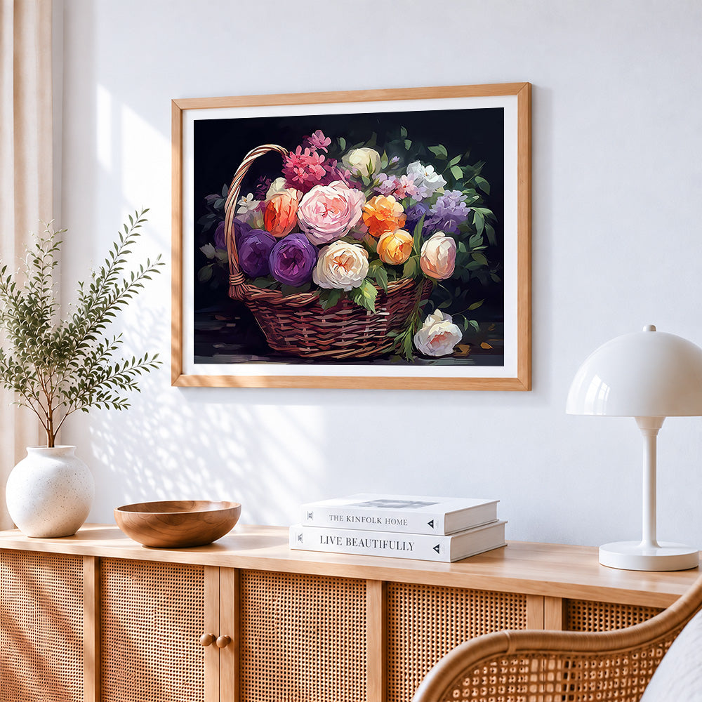 Classic rose basket paint by numbers artwork displayed on wall as home decor