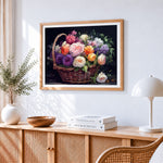 Classic rose basket paint by numbers artwork displayed on wall as home decor