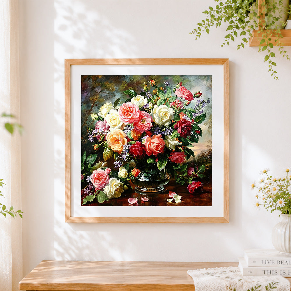 Finished classic rose still life cross stitch artwork displayed
