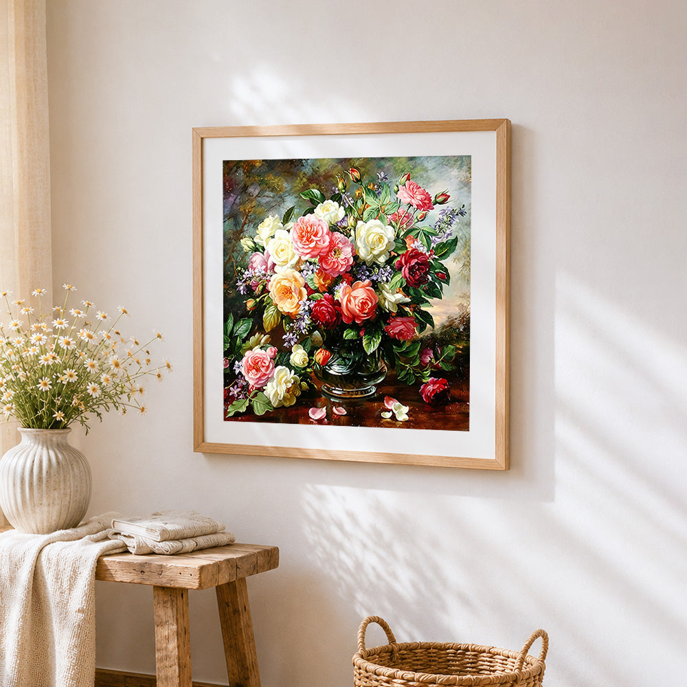 Classic rose still life cross stitch artwork displayed on wall as home decor