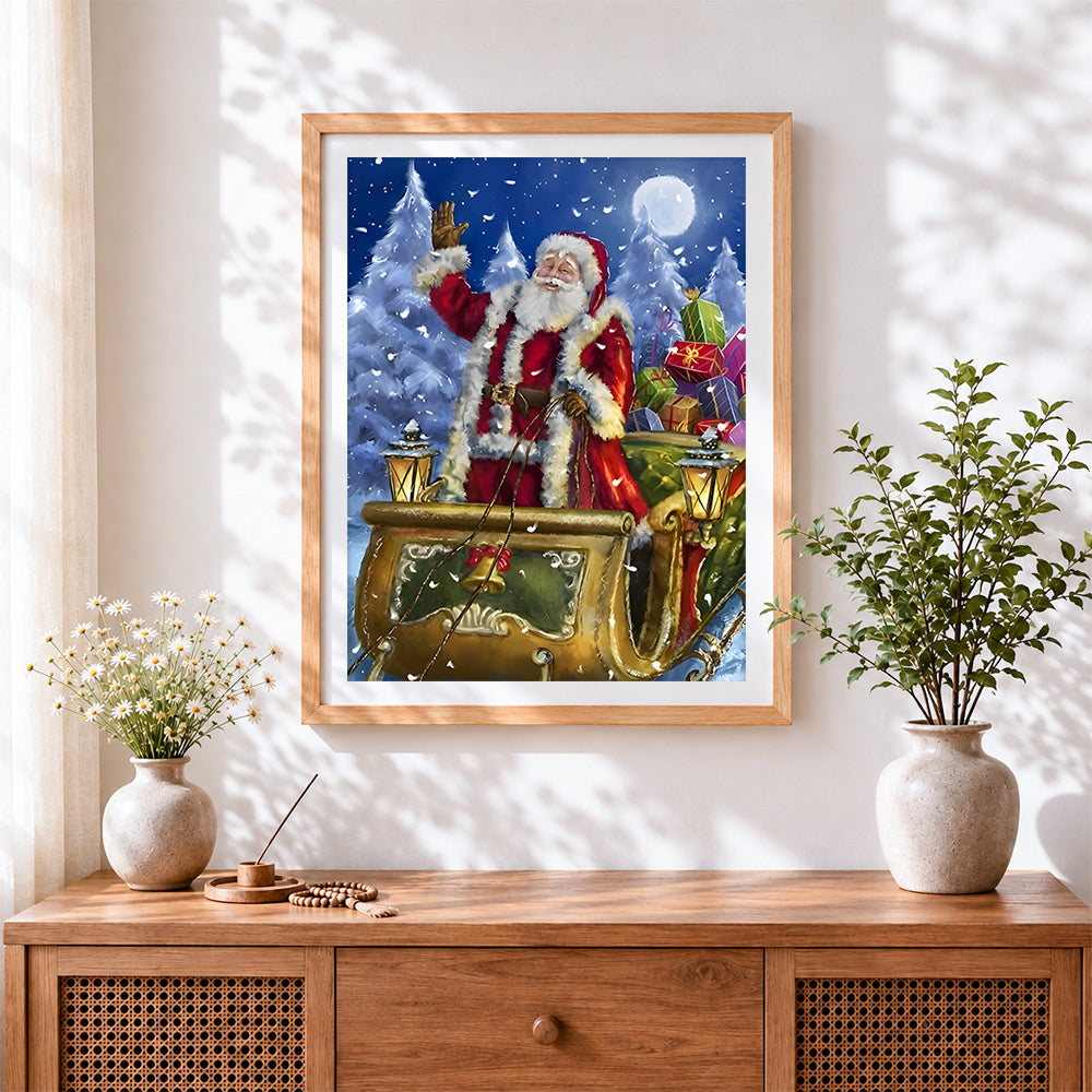 Finished classic santa sleigh and gifts cross stitch artwork displayed