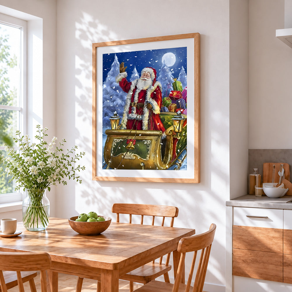 Classic santa sleigh and gifts cross stitch artwork displayed on wall as home decor