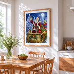 Classic santa sleigh and gifts cross stitch artwork displayed on wall as home decor