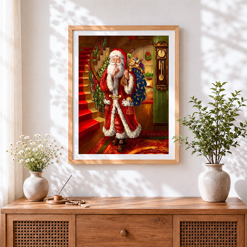 Finished classic santa sneaking down stairs cross stitch artwork displayed