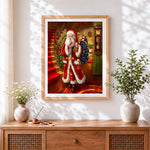 Finished classic santa sneaking down stairs cross stitch artwork displayed