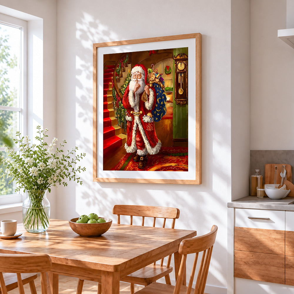 Classic santa sneaking down stairs cross stitch artwork displayed on wall as home decor