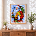 Finished classic santa with gifts cross stitch artwork displayed