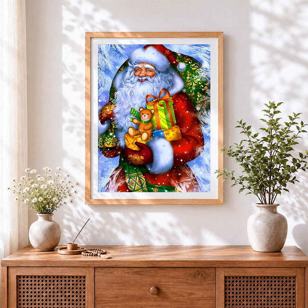 Finished classic santa with gifts cross stitch artwork displayed