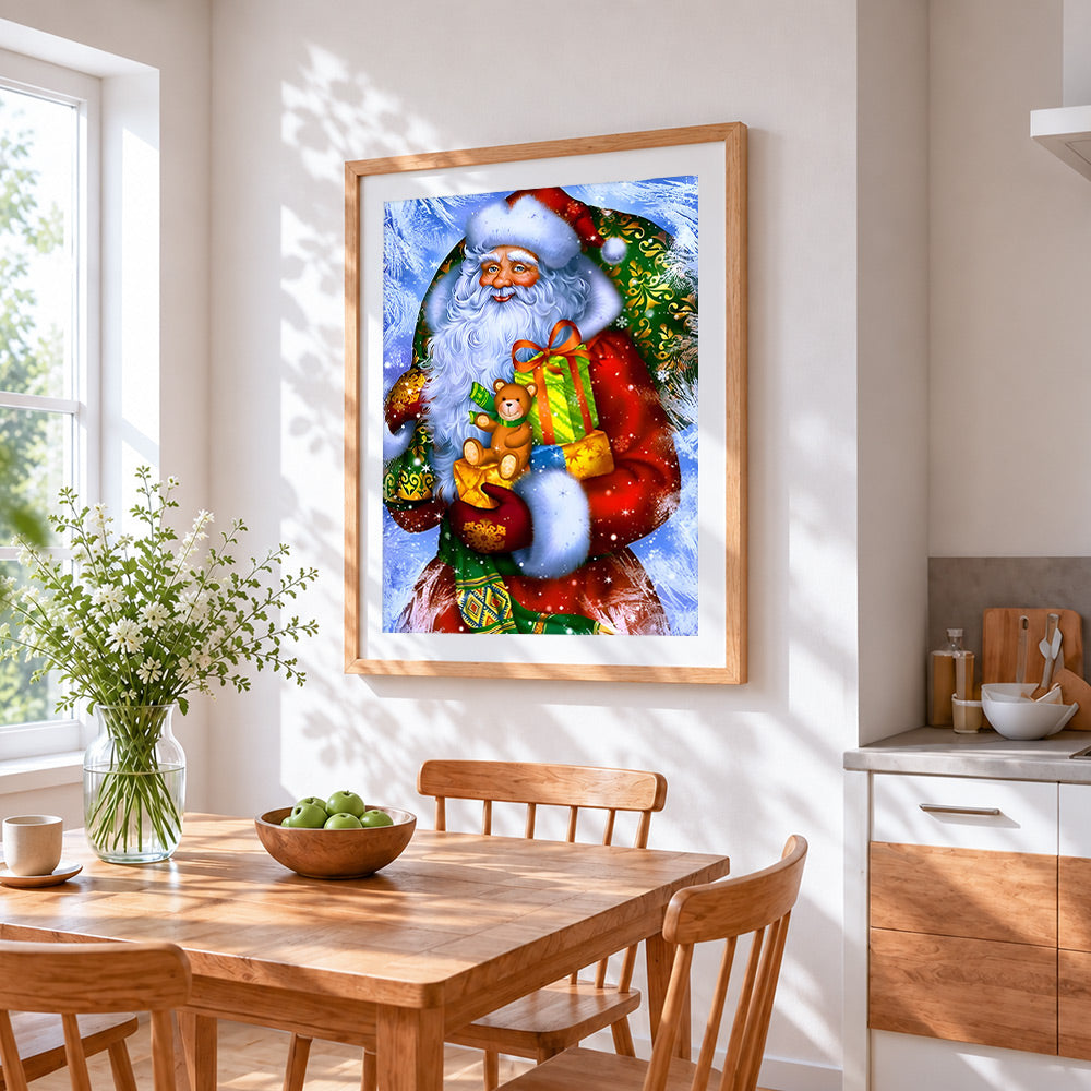 Classic santa with gifts cross stitch artwork displayed on wall as home decor