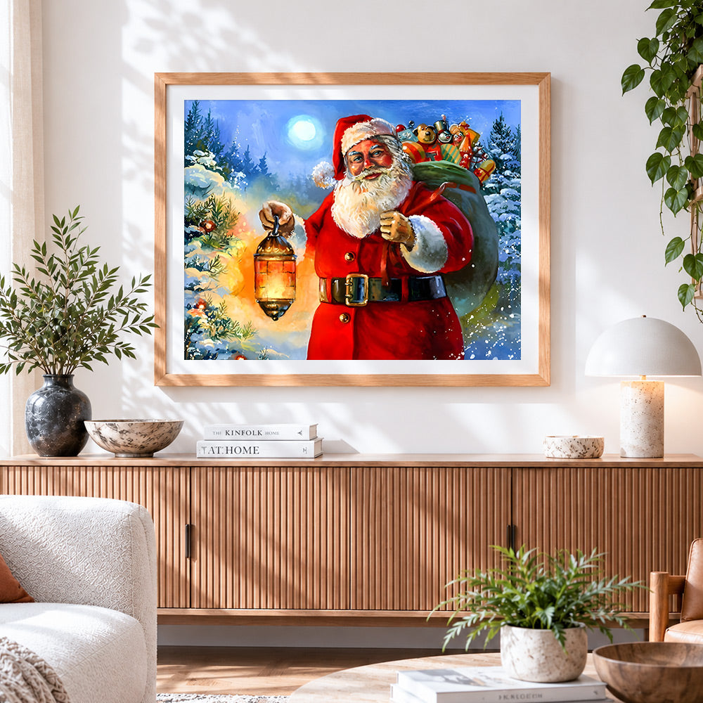 Finished classic santa with lantern cross stitch artwork displayed