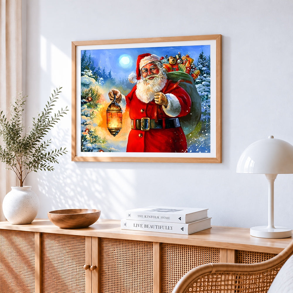 Classic santa with lantern cross stitch artwork displayed on wall as home decor