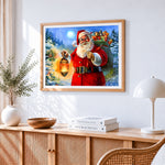 Classic santa with lantern cross stitch artwork displayed on wall as home decor