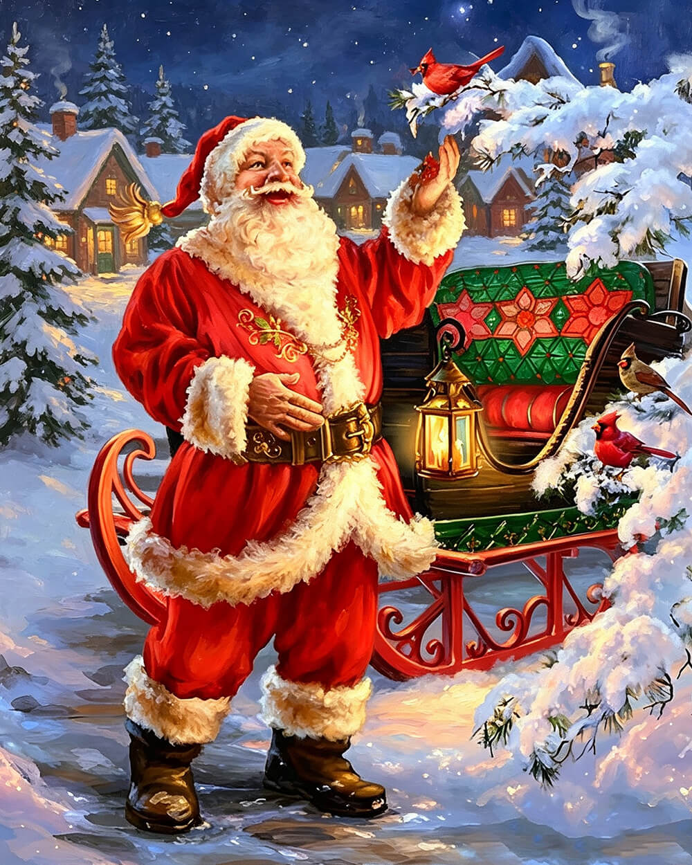 Classic santa with sleigh, lantern and red cardinals cross stitch kit for beginners