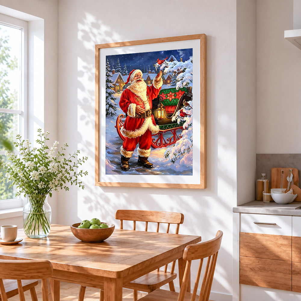Classic santa with sleigh, lantern and red cardinals cross stitch artwork displayed on wall as home decor