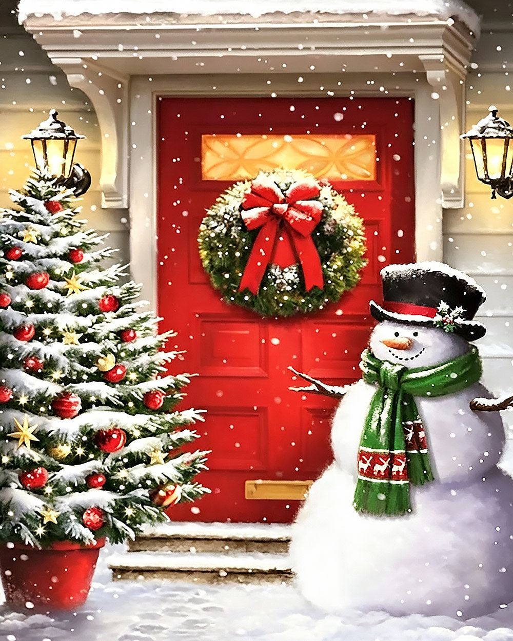 Classic snowman and red door cross stitch kit for beginners