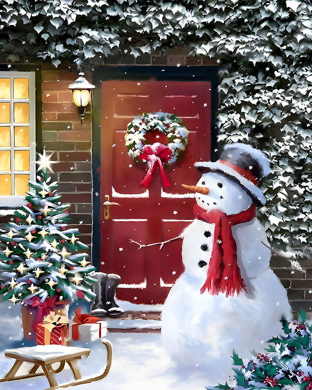 Classic snowman by a red door cross stitch kit for beginners