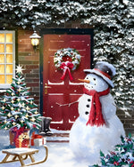 Classic snowman by a red door cross stitch kit for beginners