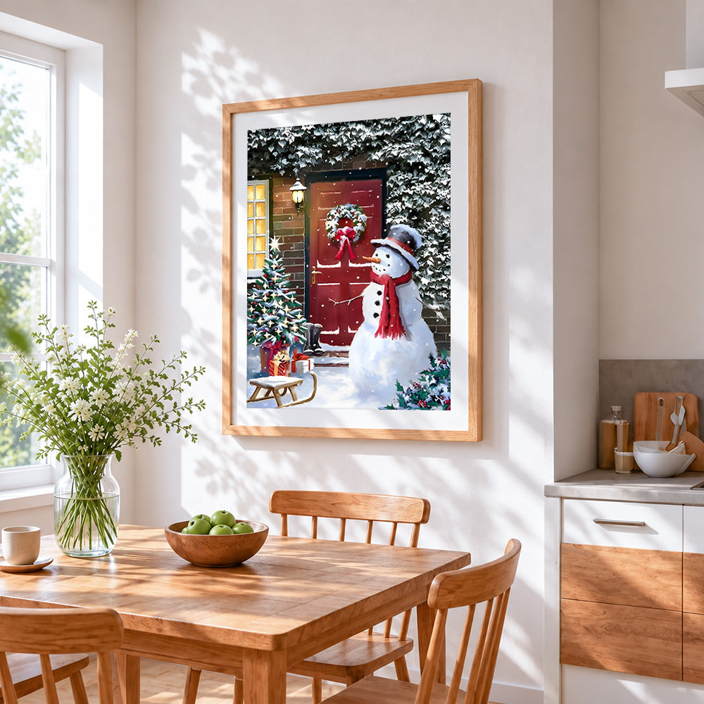 Classic snowman by a red door cross stitch artwork displayed on wall as home decor