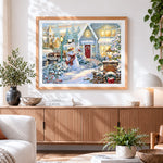 Finished classic snowman outside the house cross stitch artwork displayed