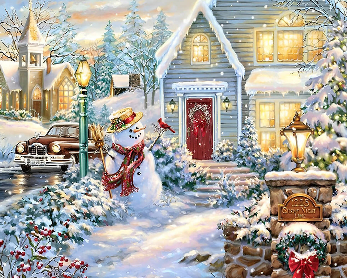 Classic snowman outside the house cross stitch kit for beginners