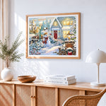 Classic snowman outside the house cross stitch artwork displayed on wall as home decor