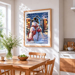 Classic snowman with top hat cross stitch artwork displayed on wall as home decor