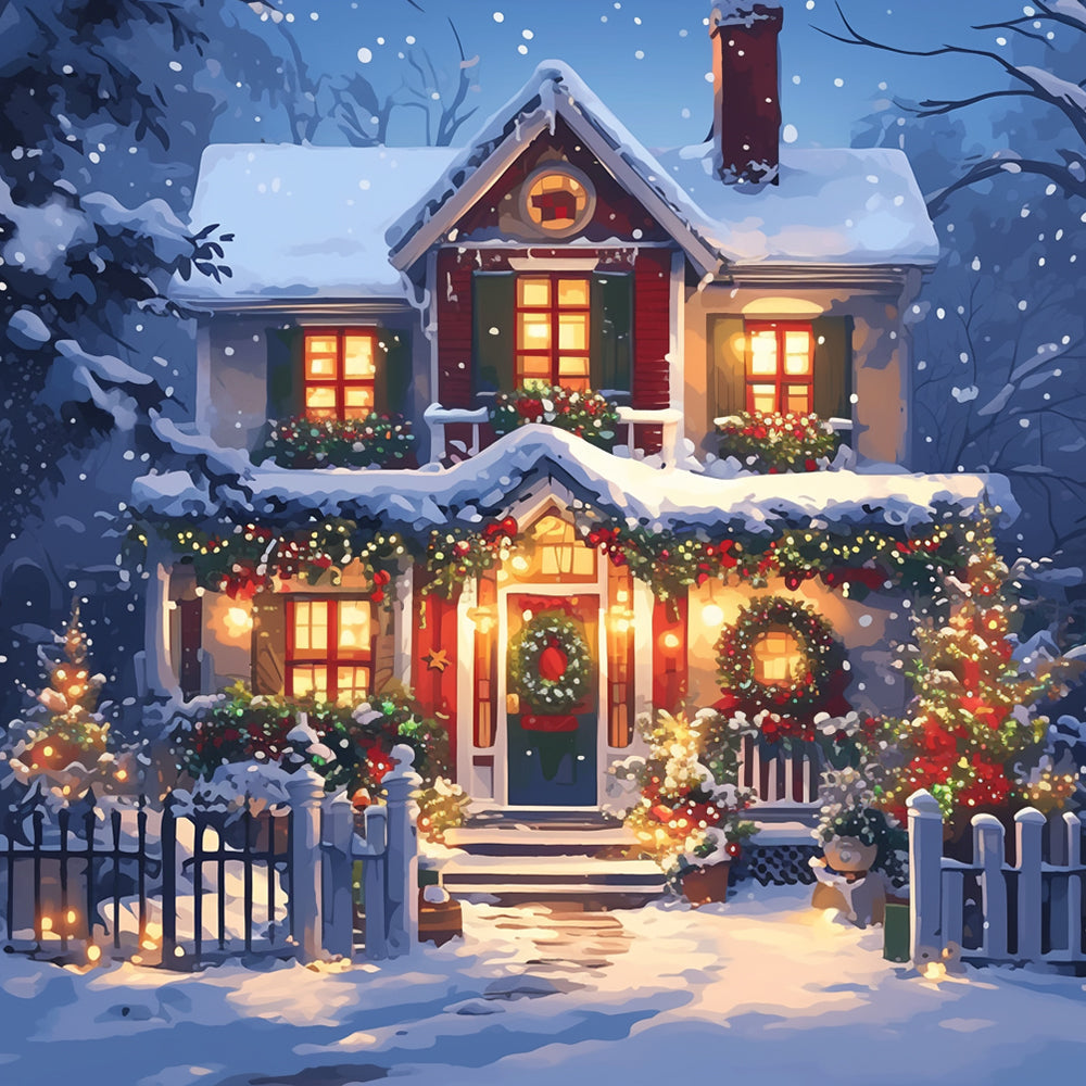 Classic snowy house at christmas cross stitch kit for beginners