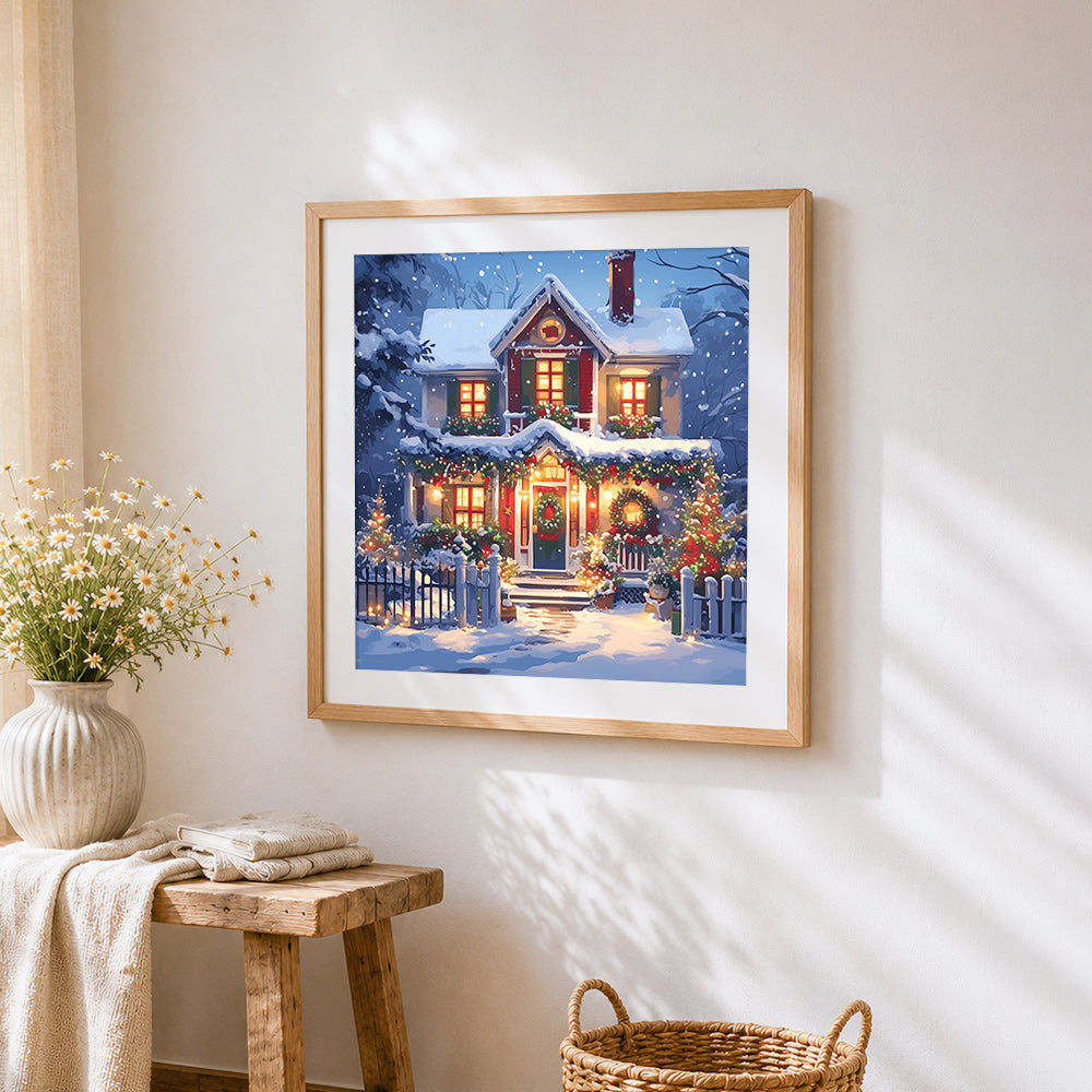 Classic snowy house at christmas cross stitch artwork displayed on wall as home decor