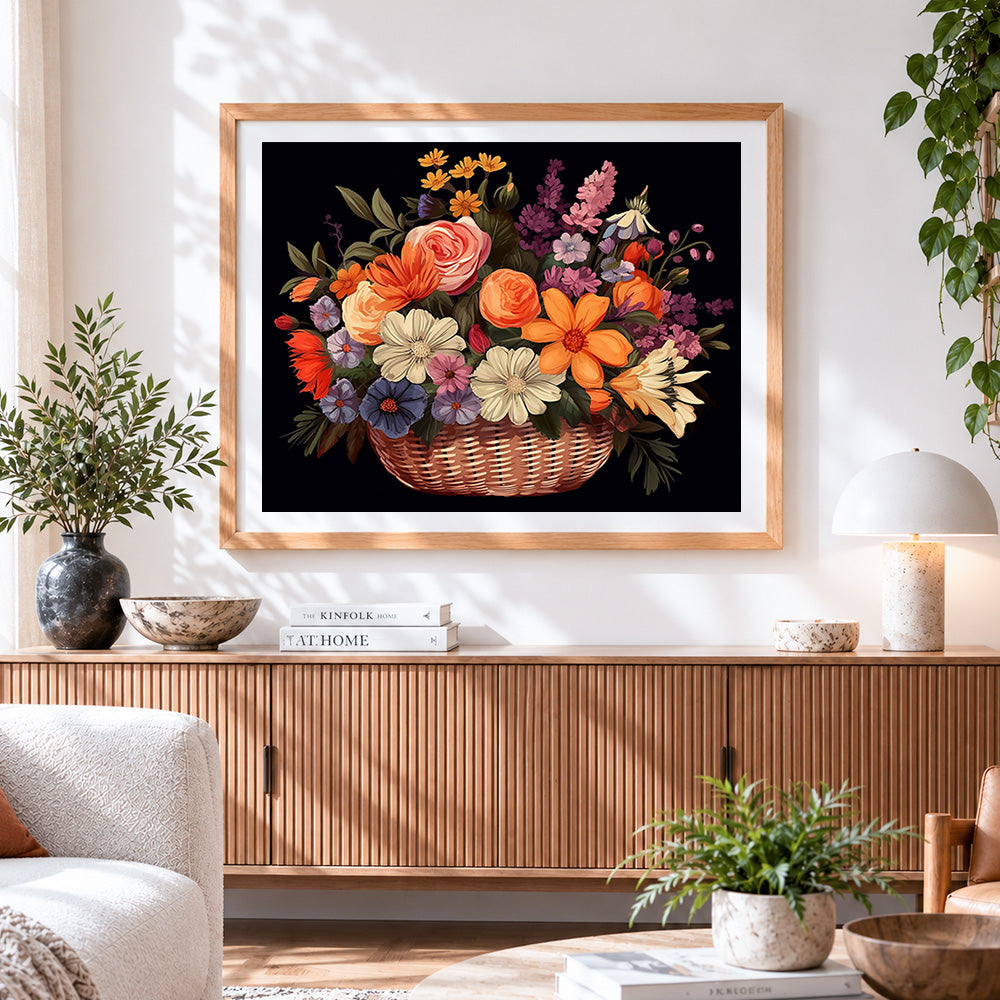 Finished classic wildflower basket paint by numbers artwork displayed as home decor