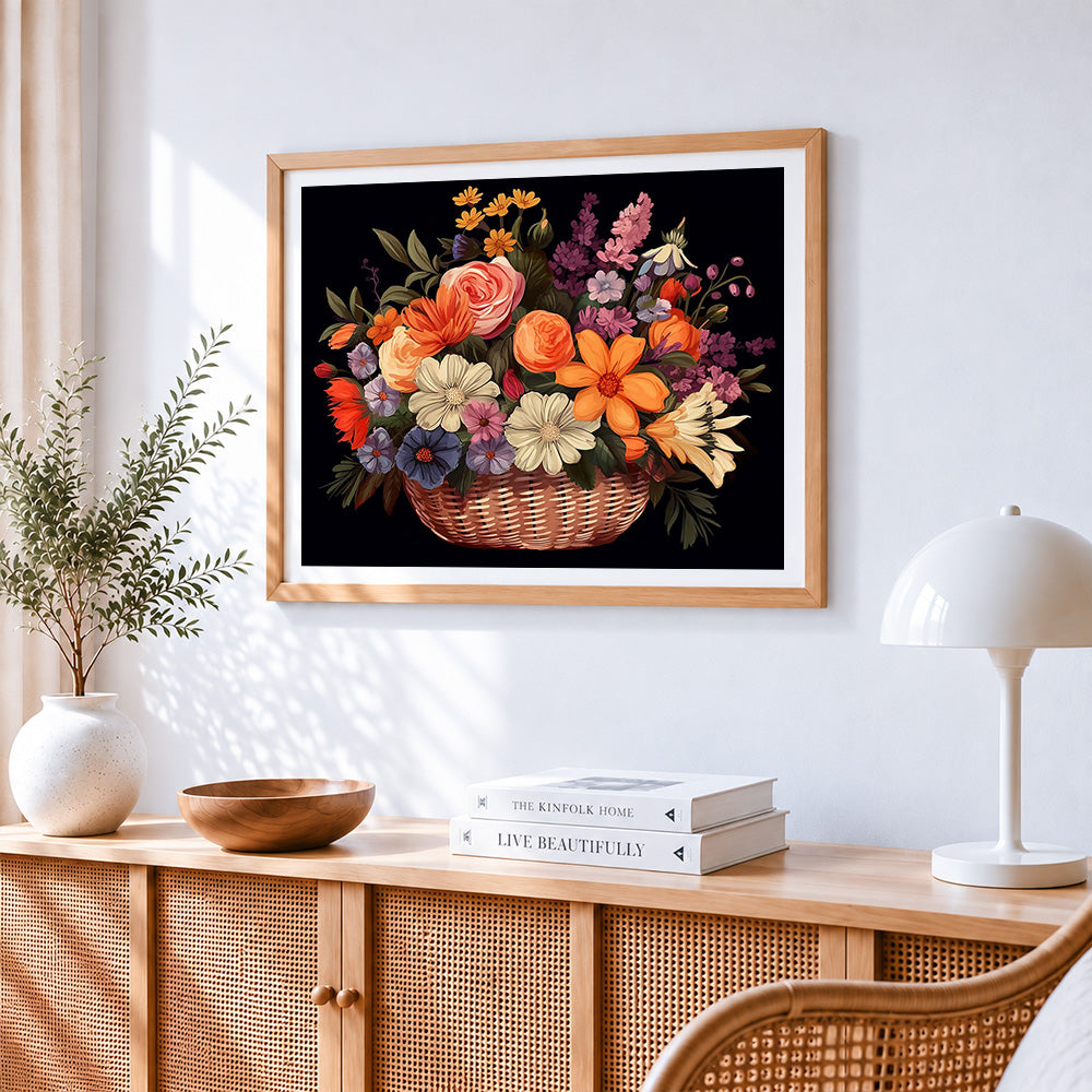 Classic wildflower basket paint by numbers artwork displayed on wall as home decor