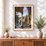 Finished classical archway with waterfall view cross stitch artwork displayed