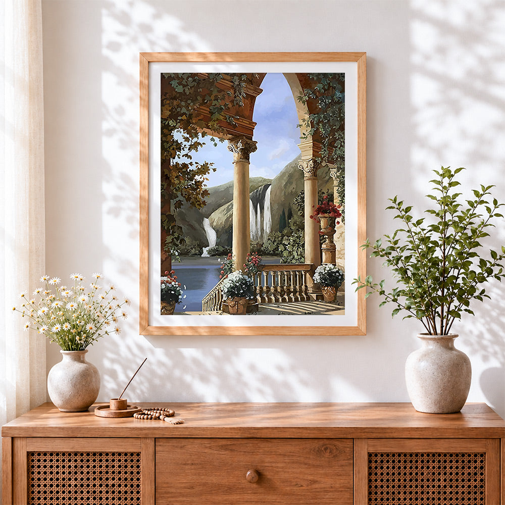 Finished classical archway with waterfall view cross stitch artwork displayed