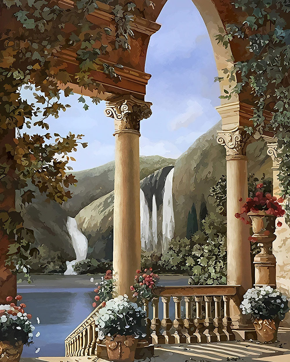 Classical archway with waterfall view cross stitch kit for beginners