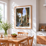 Classical archway with waterfall view cross stitch artwork displayed on wall as home decor